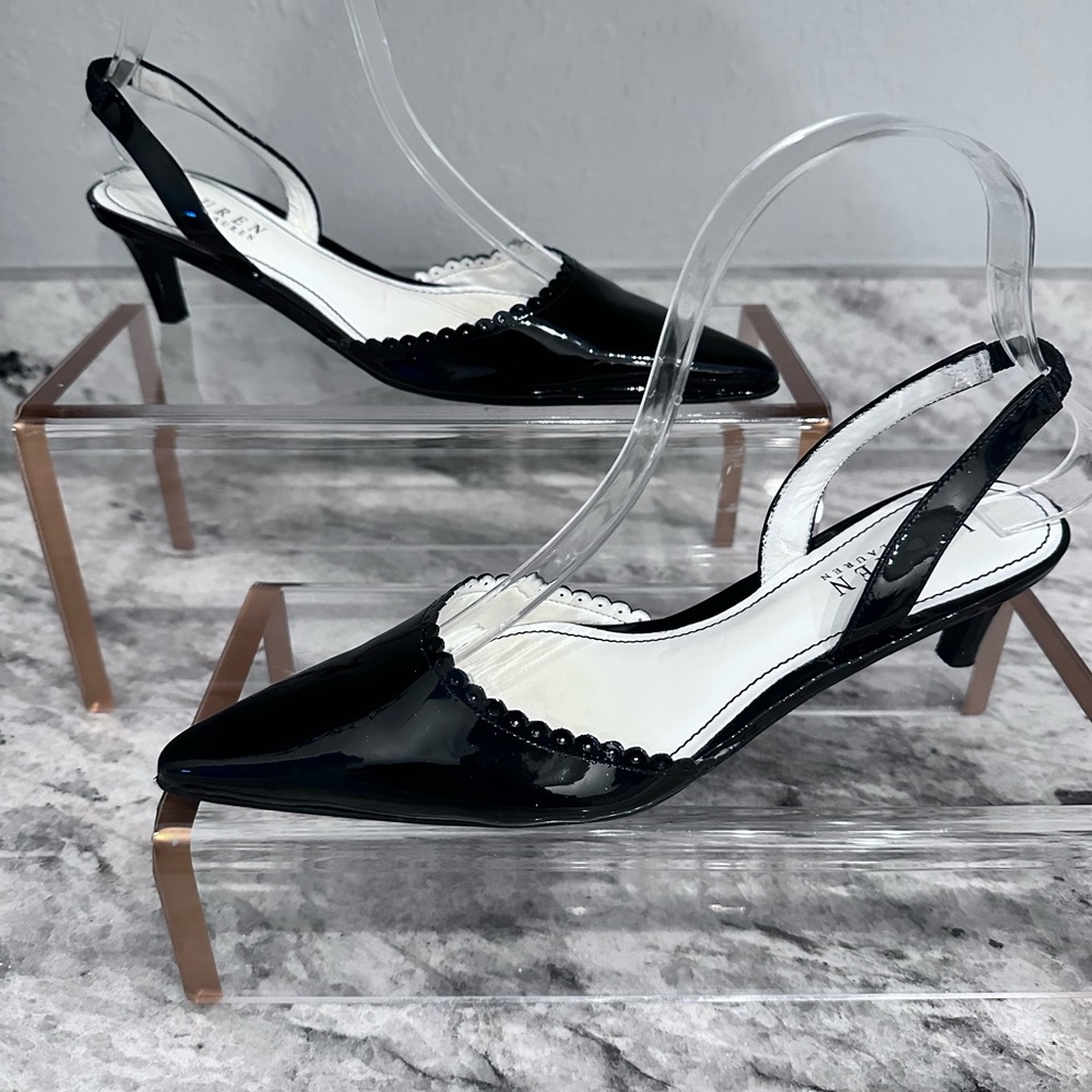 Ralph Lauren vintage Black, patent leather kitten heel sling backs Sz 6.5